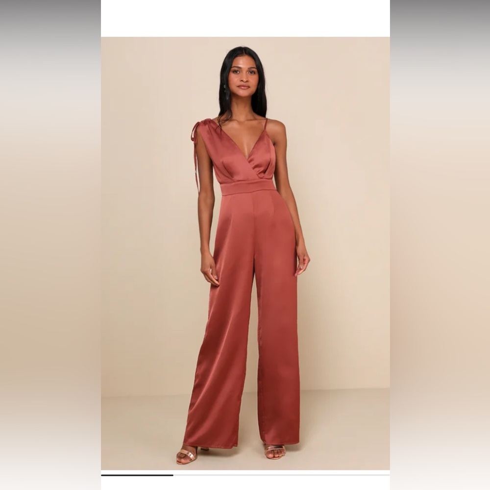 Look of luxe rusty rose satin asymmetrical wide leg jumpsuit